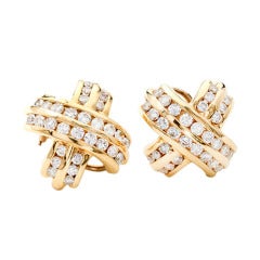 Diamond Yellow Gold "X" Design Clip Post Earrings