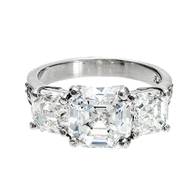 Asscher Cut Three Stone Diamond Platinum Ring