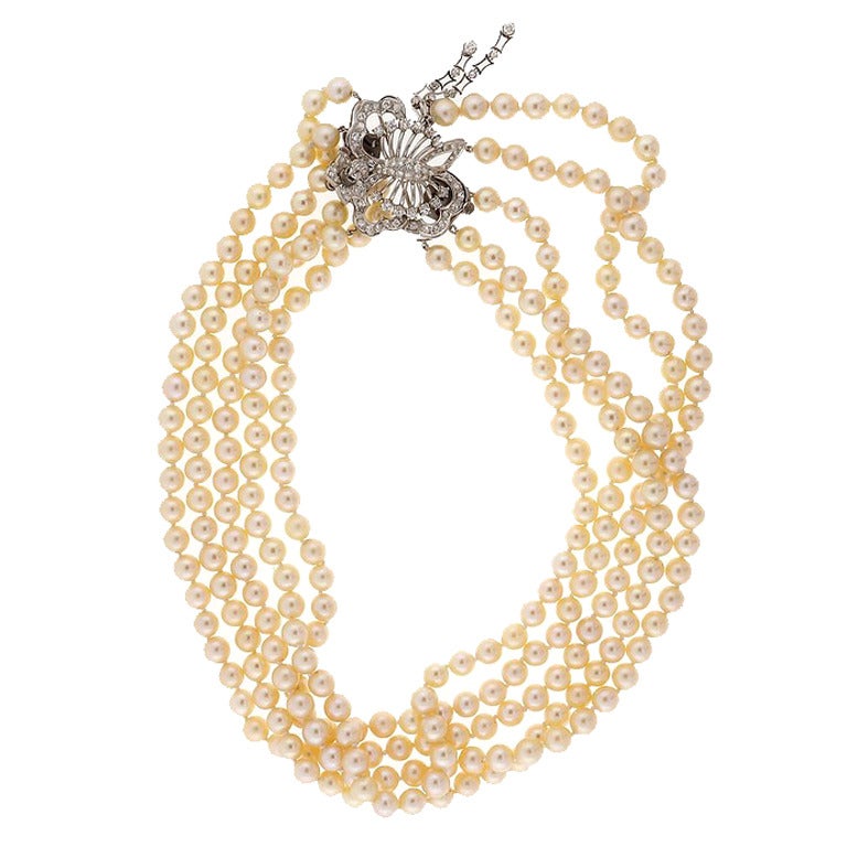 Multi Strand Pearl Diamond White Gold Necklace