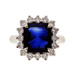 Retro Asscher Royal Blue Sapphire Diamond Ring c1950