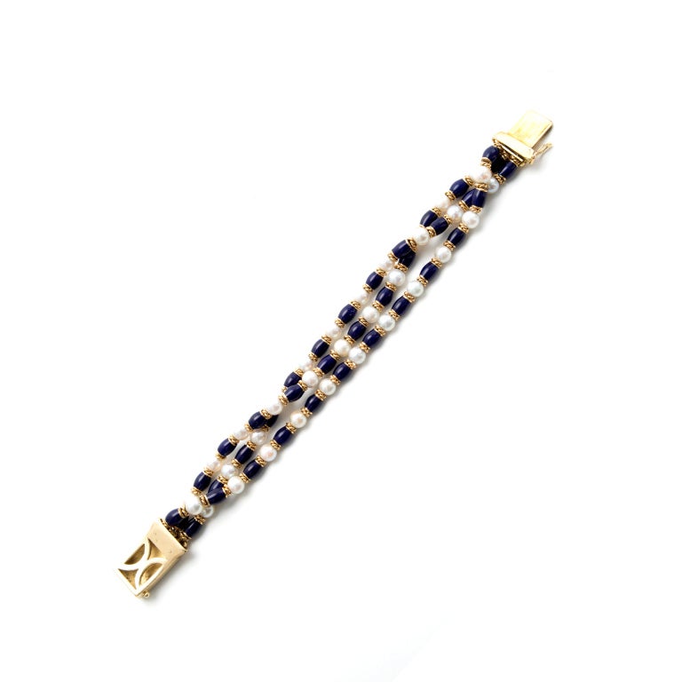 Cobalt Blue Enamel 3 Row Cultured Pearl Gold Bracelet  In Good Condition For Sale In Stamford, CT