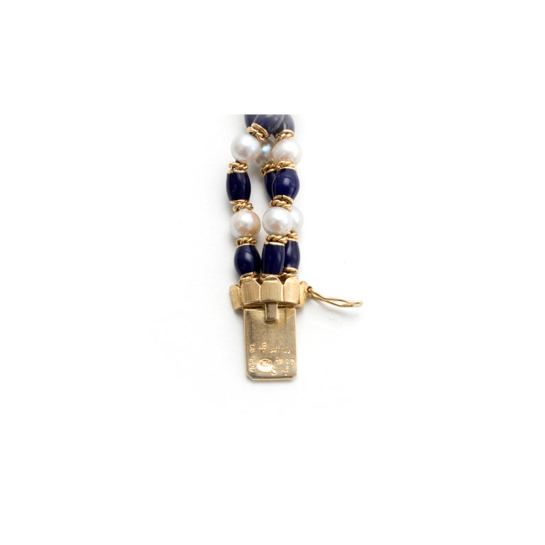 Women's Cobalt Blue Enamel 3 Row Cultured Pearl Gold Bracelet  For Sale