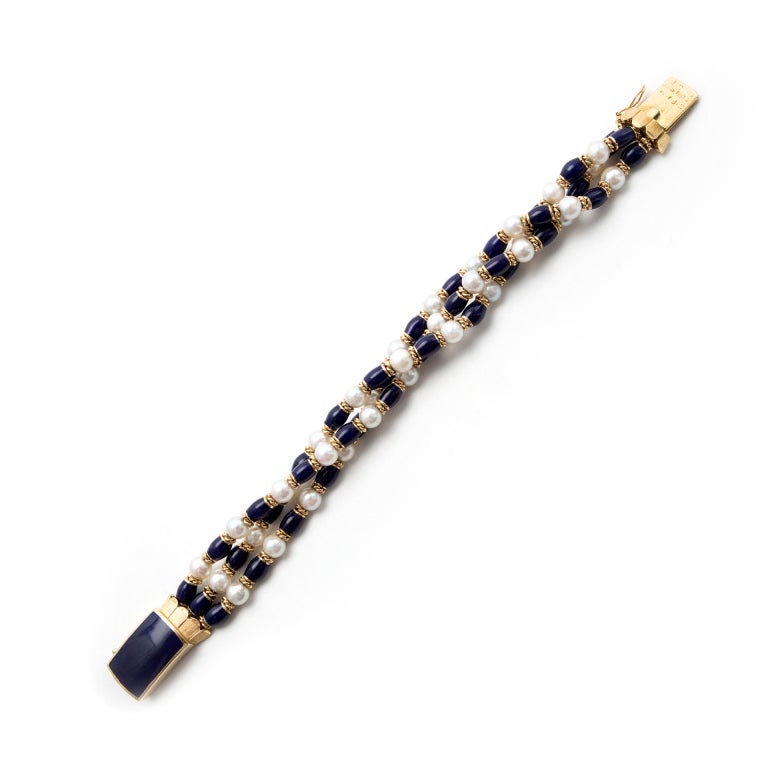 Cobalt Blue Enamel 3 Row Cultured Pearl Gold Bracelet  For Sale 1