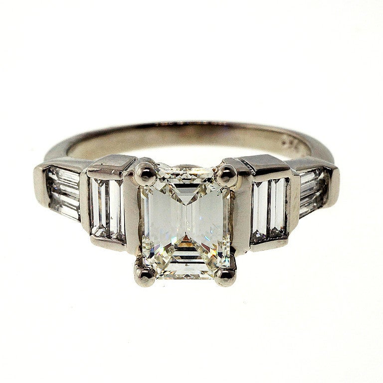Women's Emerald Step Cut Diamond Platinum Ring c1940