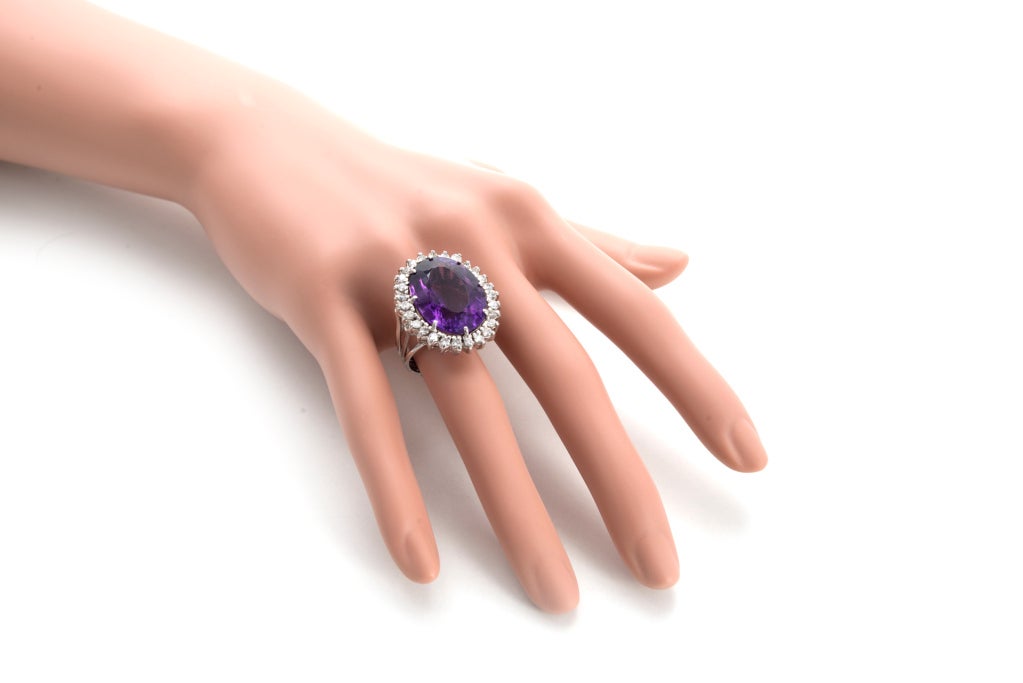 Women's 1950s Oval Amethyst Diamond Halo Handmade Wire Platinum Ring