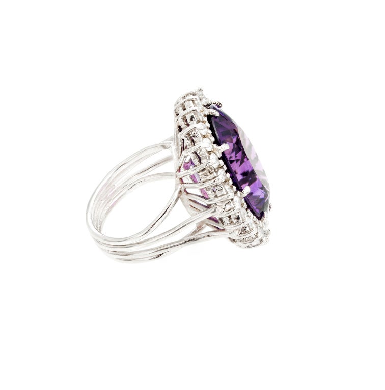 1950s Oval Amethyst Diamond Halo Handmade Wire Platinum Ring 1