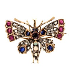 Victorian Ruby Sapphire Diamond And Opal Gold Silver Moth Pin 1
