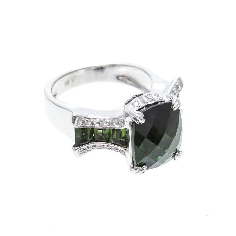 Bellari designer 18k white gold extra fine green Tourmaline and diamond ring. New old stock, never worn. Excellent condition. Looks great on the hand. Bellari is known for custom cut extra high quality gems and fine workmanship. 

 1 cushion