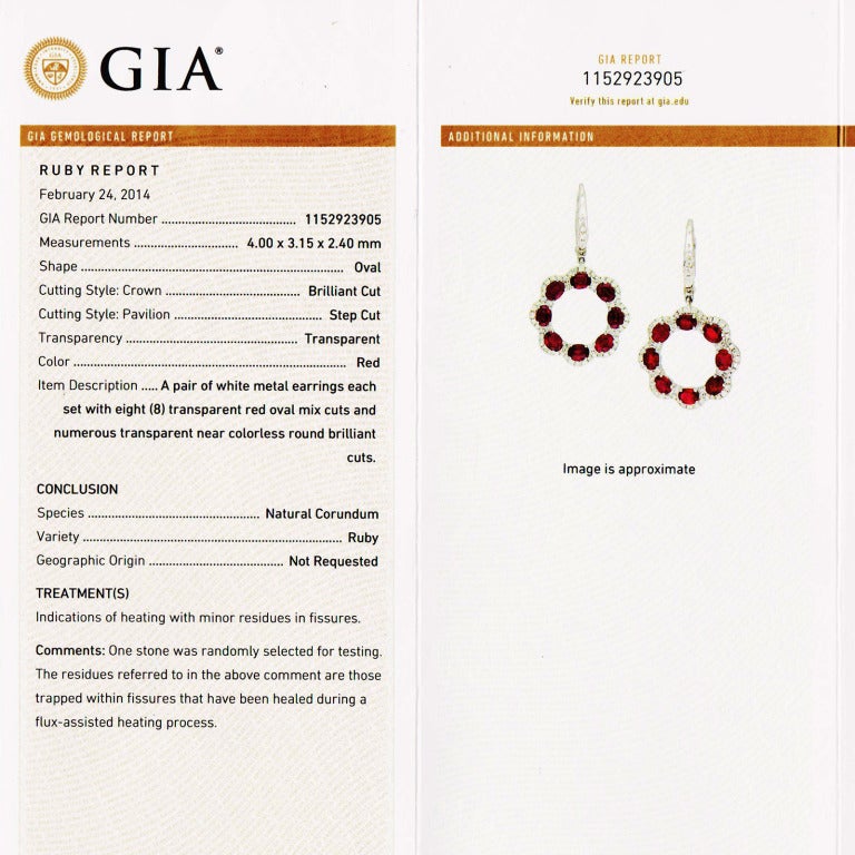 GIA Certified 3.33 Carat Oval Ruby Diamond Gold Dangle Earrings In Good Condition In Stamford, CT