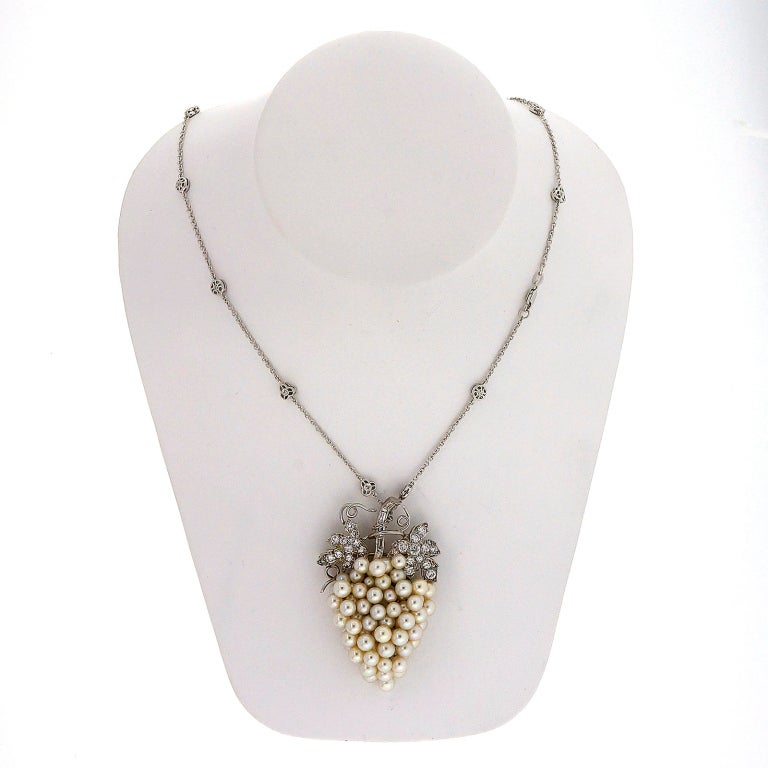 Large Pearl Diamond Grape Leaf Gold Pendant Necklace 2