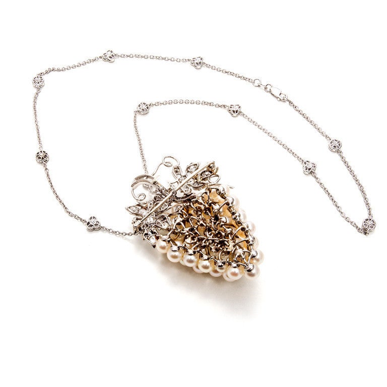 Large Pearl Diamond Grape Leaf Gold Pendant Necklace 3