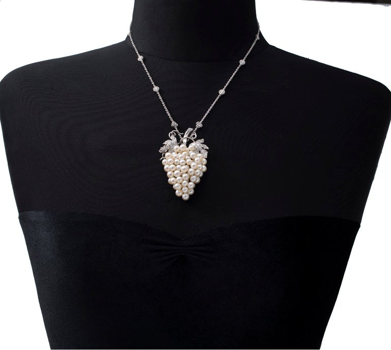 Large Pearl Diamond Grape Leaf Gold Pendant Necklace 4