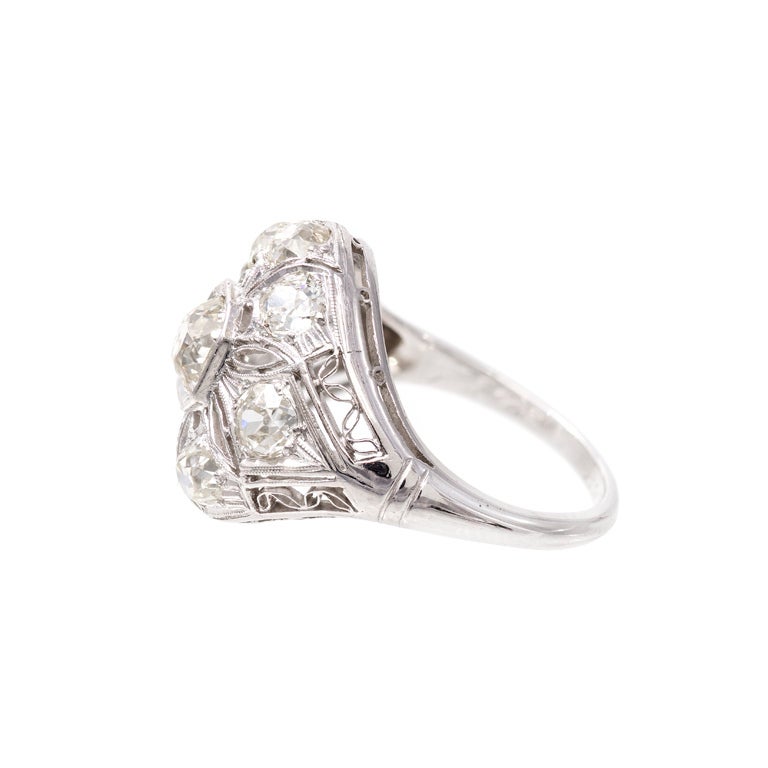 Old Mine Diamond Platinum Filigree Dome Ring  1