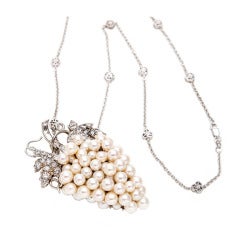 Large Pearl Diamond Grape Leaf Gold Pendant Necklace