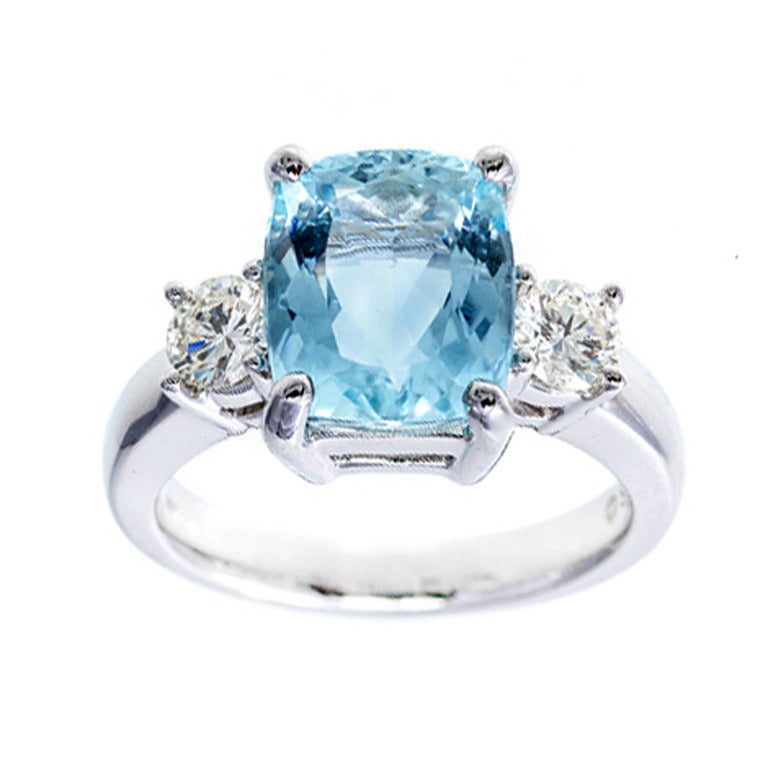 Bright Greenish Blue Aqua and White Gold Diamond Ring c1980 For Sale at ...