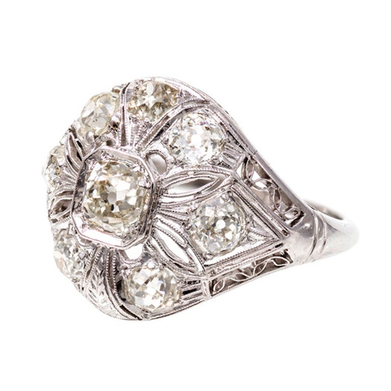 Old Mine Diamond Platinum Filigree Dome Ring 