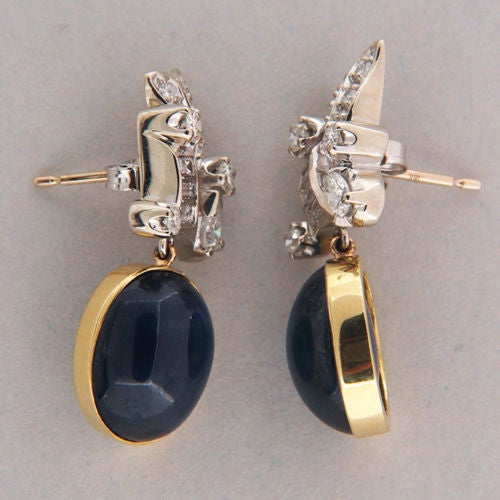 Art Deco Cabochon Sapphire And Diamond Gold Dangle Earrings