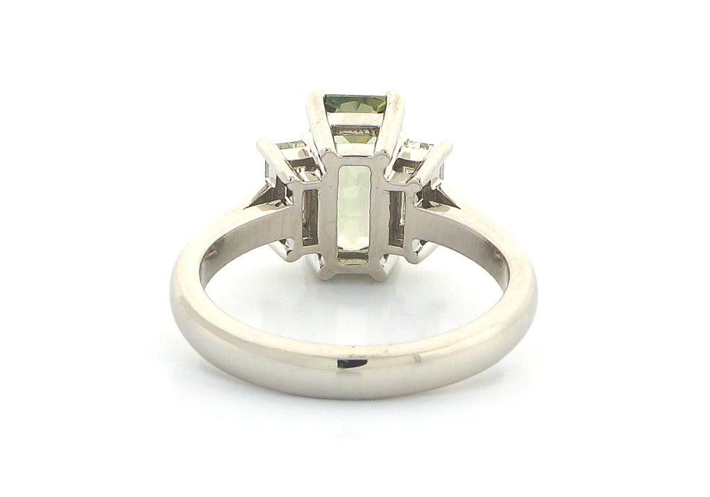 Women's Yellow Green Octagonal Sapphire Diamond Platinum Ring