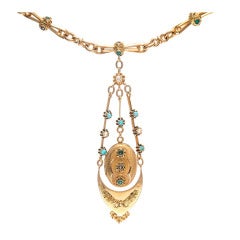 Turquoise Pearl Pink Gold Locket Pendant Necklace 