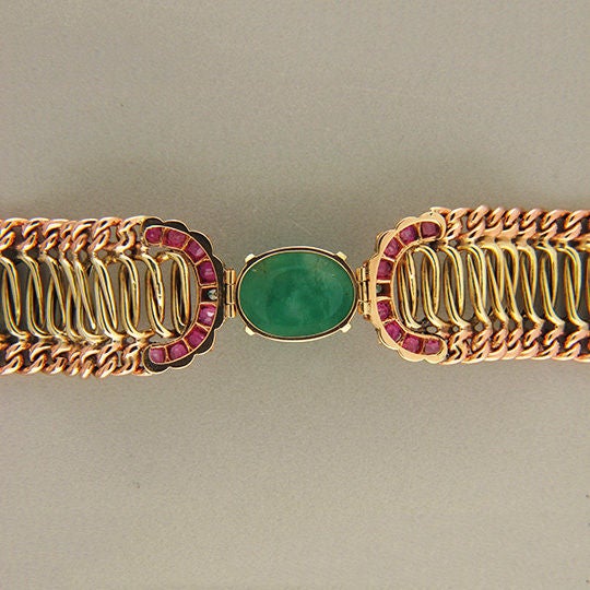 Art Deco Pink Sapphire Emerald Gold Bracelet