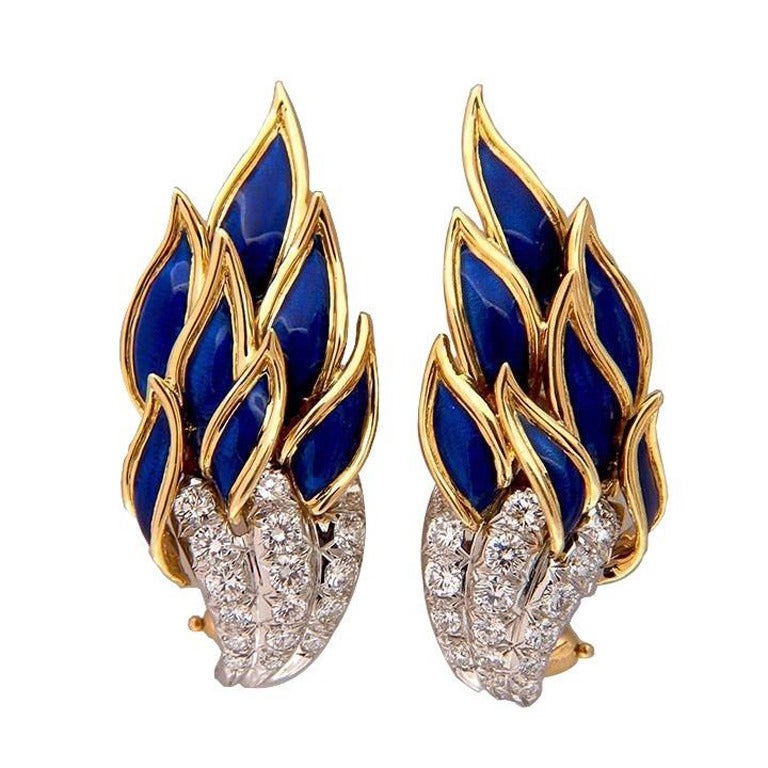 Tiffany Schlumberger Blue Enamel Diamond Flame Earrings c1960