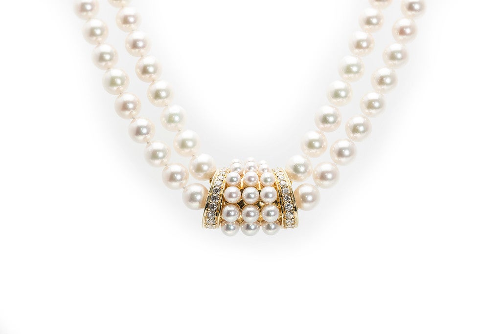 Mikimoto Double Cultured Pearl Diamond Gold Necklace For Sale at 1stdibs