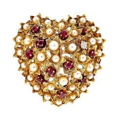 Tiffany & Co. Pearl Ruby Diamond Gold Domed Heart Pin 10