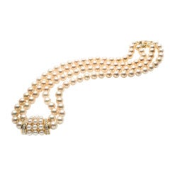 Mikimoto Double Cultured Pearl Diamond Gold Necklace 2