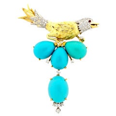 Vintage Robin's Egg Turquoise Ruby Diamond Bird Pin c1940s