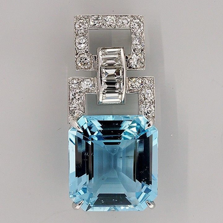 One of a kind Art Deco top quality handmade Platinum Asscher cut natural 17.23ct Aqua pendant with round and baguette diamond accents. One of the finest Aqua's we have ever seen in one of the finest handmade Deco pendants we have ever seen. The real