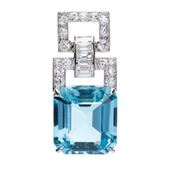 Art Deco Natural Aquamarine  Diamond Platinum Pendant