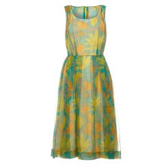 1960’s Couture Floral Green, Yellow and Orange Silk Chiffon Dress