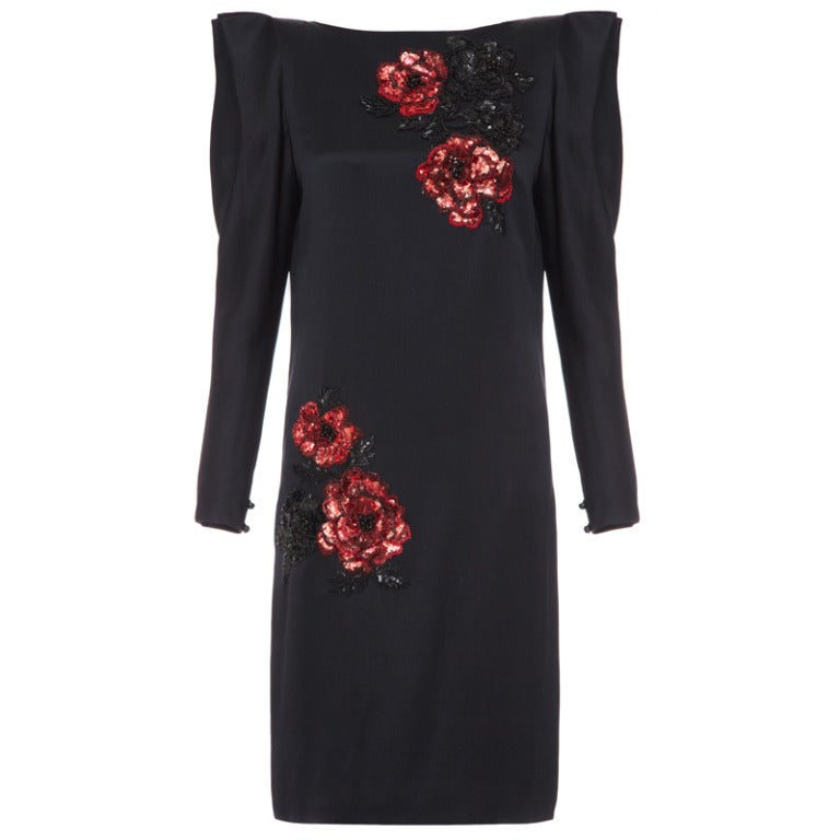 1980s Italian Couture Black Silk & Floral Sequin Andrea Odicini Dress