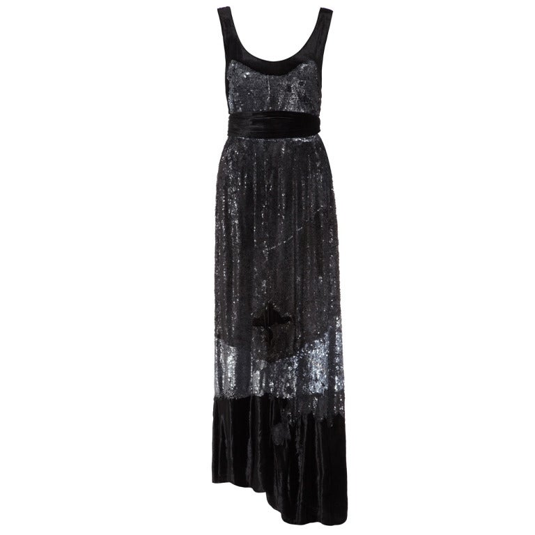 1930s Heavily Sequinned Black Velvet Gown