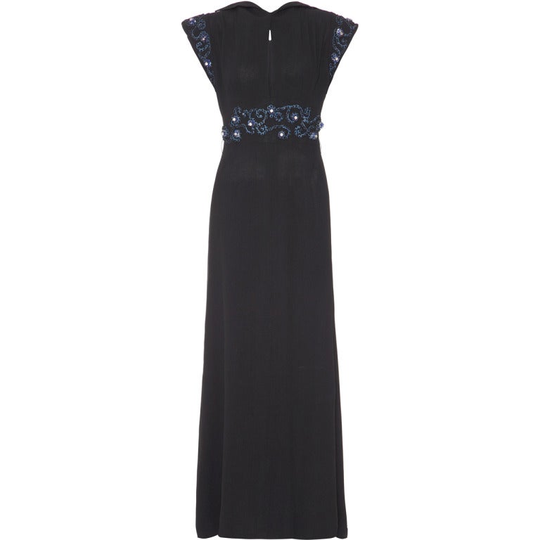 1930s Blue and Black Beaded Crepe Dress