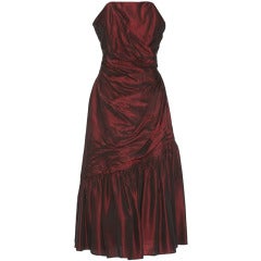 1950s Ricci Michaels Maroon Taffeta Strapless Dress