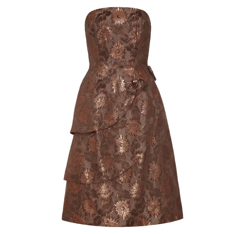 1950s Bronze Floral Brocade Strapless Dress