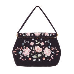 Vintage 1940s Black Beaded and Embroidered Floral Handbag