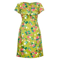 1960s Lime Green and Rose Print Dress