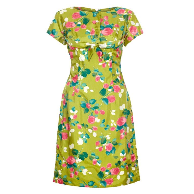 1960s Lime Green and Rose Print Dress