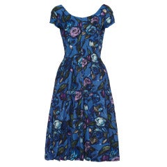 Vintage 1950s Frank Usher Blue Rose Print Cotton Dress