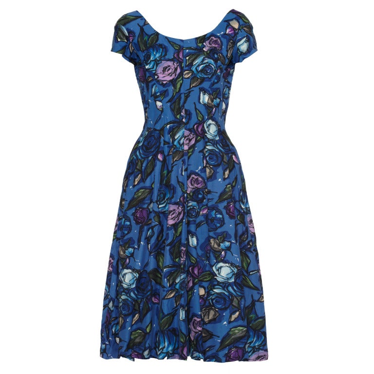 1950s Frank Usher Blue Rose Print Cotton Dress at 1stdibs
