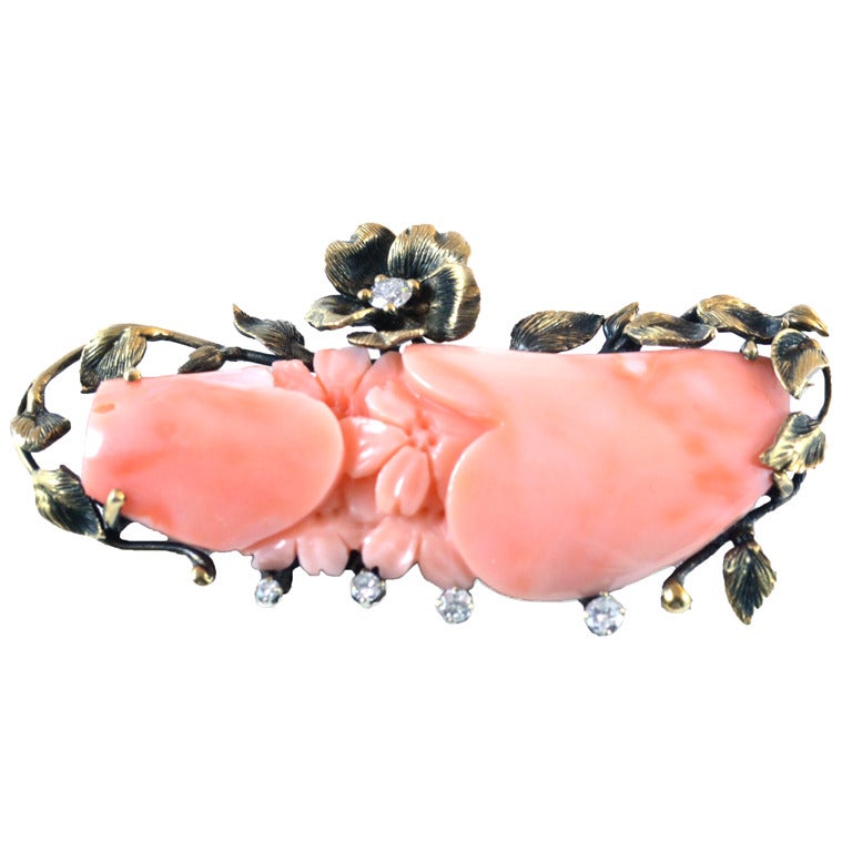 Pink Coral Diamond Yellow Gold Brooch For Sale