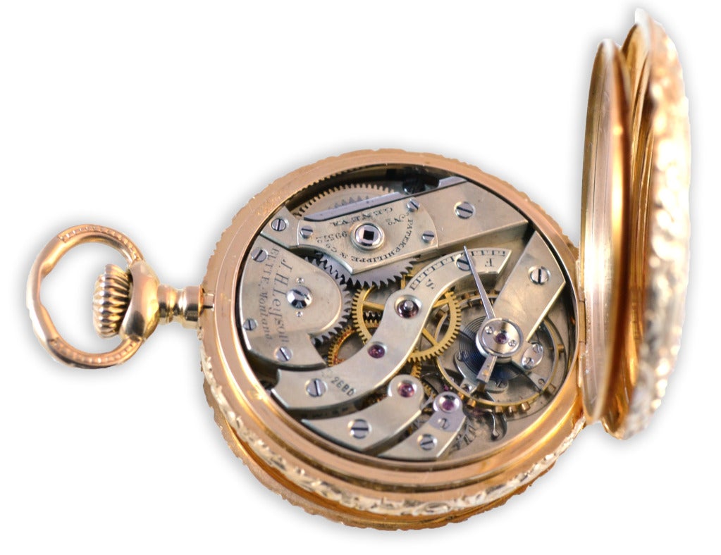 Patek Philippe 18k yellow gold hunting case pocket watch, dial and movement bear retailer's signature J. H. Leyson, Butte, Montana. Movement further singed Patek Philippe & Co., Geneva, No. 99572.