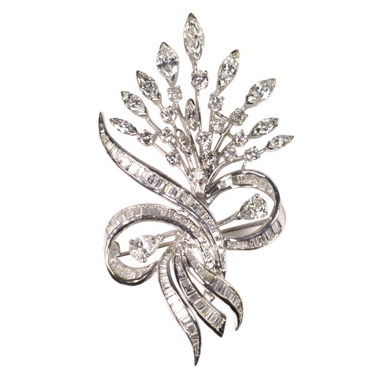 Diamond White Gold Floral Pin For Sale
