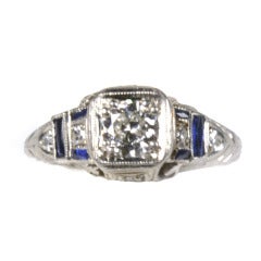 Art Deco platinum, diamond and blue sapphire ring