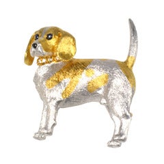 Yellow and white gold, blue sapphire and diamond dog pin