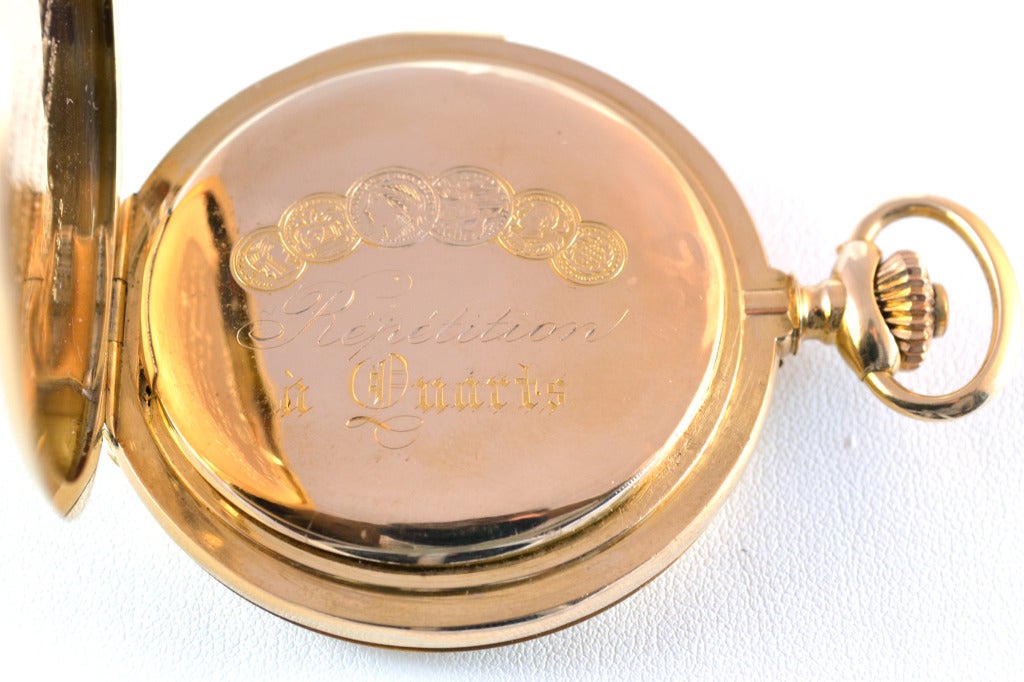 Men's Yellow Gold Hunter Case Quarter Repeater Pocket Watch For Sale