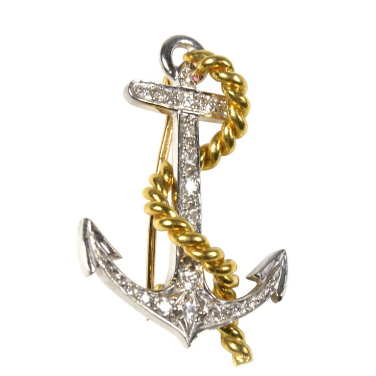 Wolf & Co. Diamond Gold Anchor Brooch For Sale