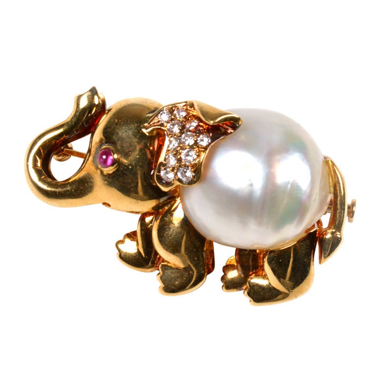 Cultured Salt Water Pearl Ruby Diamond Gold Elephant Pin For Sale